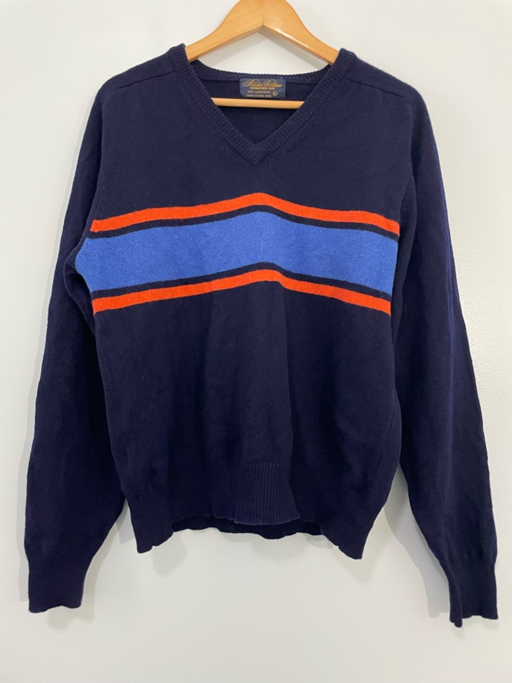 Brooks Brothers Vintage Navy V-Neck Sweater with Blue and Orange Stripe L